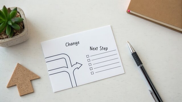 A diagram about change and next steps on a white index card