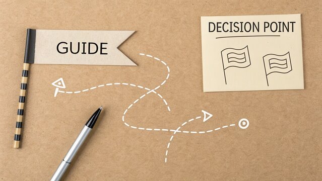 A planning guide illustrating decisions with flags and directions