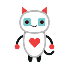 Cute cartoon robot cat character with a red heart on its chest and bright blue eyes. cat cartoon character.