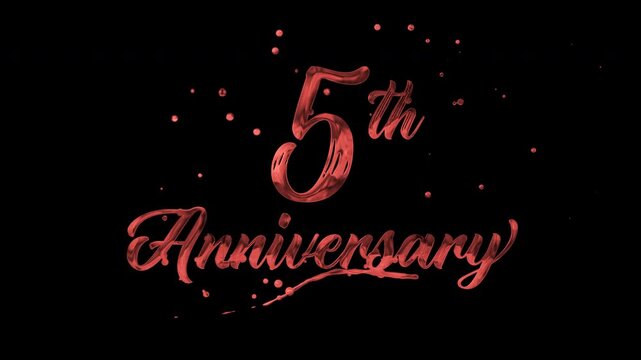 5th anniversary text animation in red metallic effect. suitable for celebrating special occasions, invitations, anniversary cards and social media. Includes alpha channel for any background.
