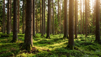 Fototapeta premium Sunlight filtering through a dense coniferous forest (1)