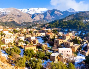 Fototapeta premium Mountain village blanketed in winter snow