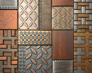features a collage of various metallic textures and patterns, including ridged, mottled, and textured surfaces, arranged in a grid. The materials appear to be aged and weathered, giving them a rustic 