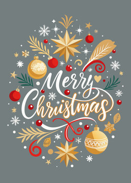 Elegant hand-lettered &ldquo;Merry Christmas&rdquo; typography greeting card with gold and red accents, surrounded by snowflakes, stars, and ornaments, festive minimal vector composition for holiday designs 
