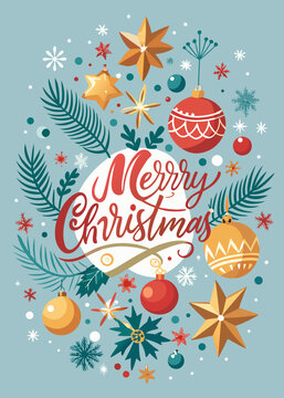 Festive Christmas greeting card vector featuring hand-lettered &ldquo;Merry Christmas&rdquo; surrounded by delicate snowflakes, stars, and ornaments in elegant red and gold, minimal modern typography design 