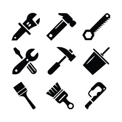Collection of black silhouette icons of various tools including wrenches hammers saws paintbrushes and screwdrivers