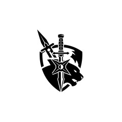 Black and White Shield Logo with Sword and Ninja Star