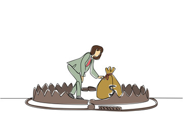 Single continuous line drawing businesswoman is taking money bag on top of bear trap. Initial capital is burdensome. Business must continue to run. Money Bait. One line design vector illustration
