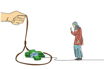 Single continuous line drawing arabian woman walking towards a rope trap containing several stacks of banknotes. Easy money with lots of risks. Trap. Money Bait. One line design vector illustration