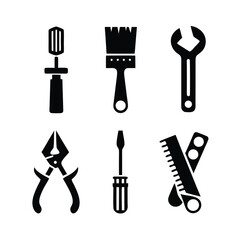 Six black silhouette icons of common hand tools on a white background wrench screwdriver