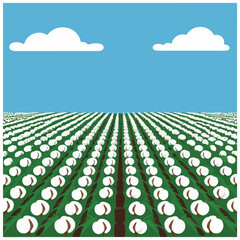 World Cotton Day vector illustration featuring cotton plants, bolls, flowers, eco-friendly farming, sustainable cotton, harvest baskets, and textile patterns in flat solid color style