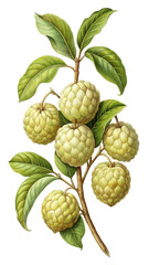 Obraz premium Vintage Illustration of Sugar Apples on a Branch with Lush Green Leaves