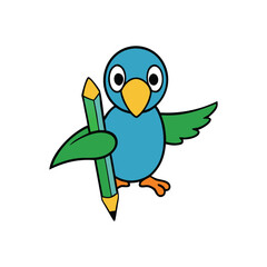 Cute cartoon blue bird character holding a large green pencil with wings spread. bird cartoon character.