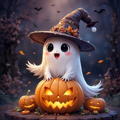 A scary vector illustration of a cartoon pumpkin with a witch hat.
