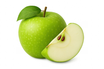 Fresh green apple with slice on transparent background