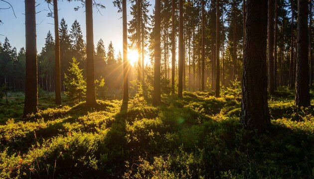 Sunlight filtering through a dense forest at sunrise