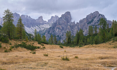 The mountain landscape of wild Friuli Dolomites, UNESCO Heritage Site. Nature reserves Dolomiti Friulane and Forra del Cellina. Trekking. Autumn, mist, rain clouds. Coniferous forest. Yellow grass.
