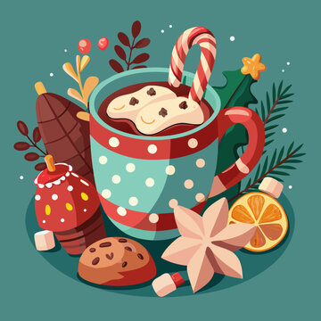 Warm cozy cup of hot chocolate with marshmallows and cinnamon stick, served with festive Christmas cookies, candy canes, and winter decorations, comforting holiday treat vector illustration for season