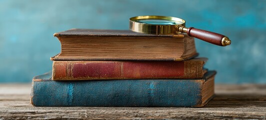 The vintage books stacked with a magnifying glass highlighting curiosity and exploration.