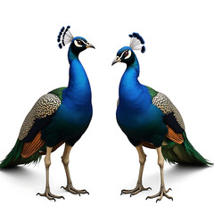 Pair of colorful peacocks standing on a white background  
