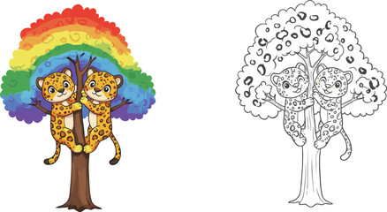 Cartoon leopards hugging rainbow tree, colorful jungle cat illustration, children’s coloring page artwork, playful wildlife character design, educational drawing for kids