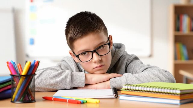 Young boy with glasses sitting at a desk, looking bored and tired. Student struggling with learning difficulties or disinterest in school