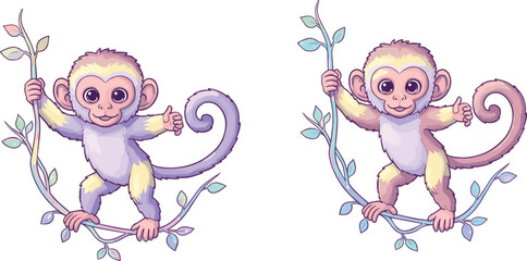 Cartoon monkeys hanging on leafy vines, colorful whimsical animals illustration, playful jungle wildlife artwork, imaginative children’s design, fantasy character drawing