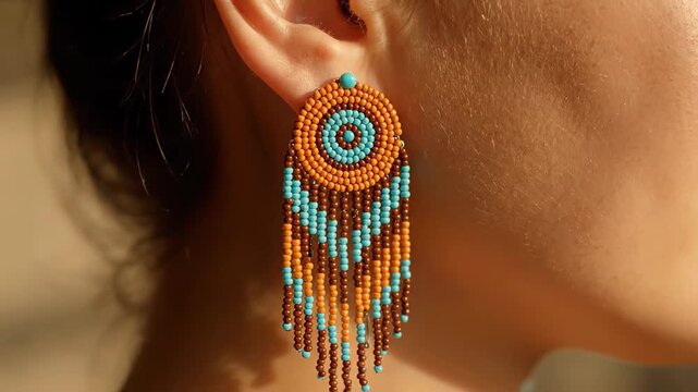 Close up shot of a beautiful long earring made from orange, turquoise, and brown beads dangling from a woman's ear in the sunlight