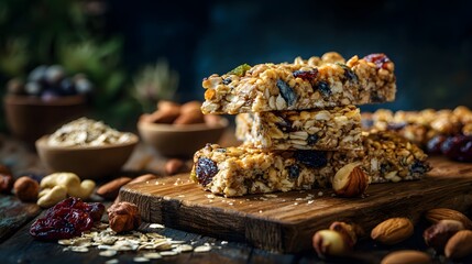 Delicious granola bars stacked on a wooden board with various ingredients.