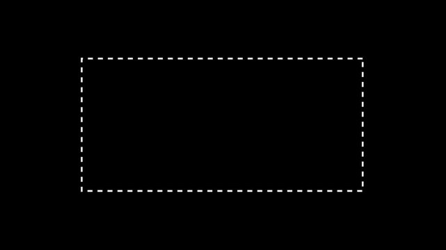Dotted line rectangle frame animation on black background.  Animation of a dotted line path from left to right point. border frame dotted line animation isolated on black screen.