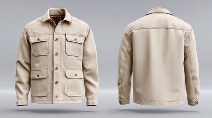 A stylish beige jacket with multiple pockets, featuring a button-up front and a classic collar, displayed from both front and back angles