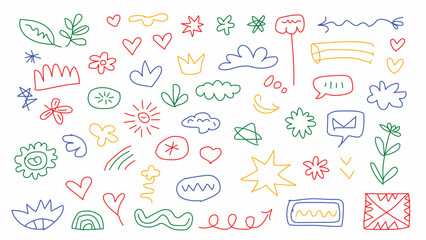 A vibrant collection of whimsical hand-drawn doodles and abstract shapes in various colors illustration