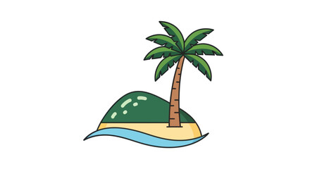 Fototapeta premium Cartoon Tropical Island with Single Green Palm Tree and Sandy Beach.