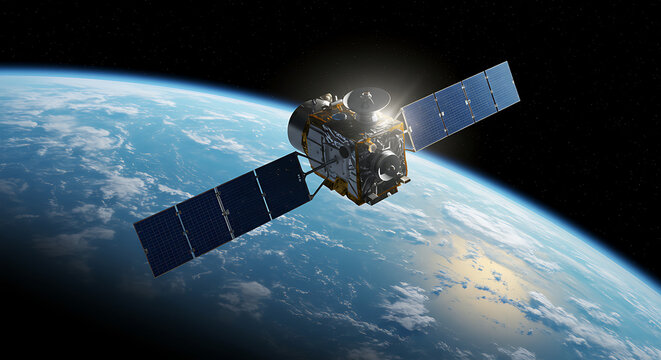 A modern satellite with solar panels orbits high above the planet Earth against the blackness of space.