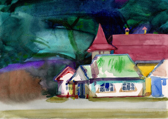 houses in the garden, architecture watercolor painting on paper 