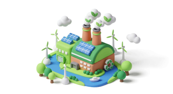 Clay Model of Green Factory with Solar Panels Wind Turbines and Clean Emissions.