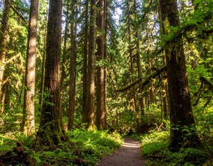 Obraz premium Sunlight filters through a dense forest path