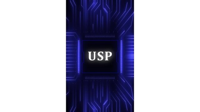 USP &ndash; Unique Selling Proposition. USP concept head up display (HUD UI) panel and futuristic technology . Digital Data moving on Circuit Board and CPU . Computer Processing and organizing data.