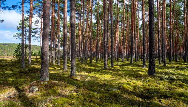 Sunlight filters through a dense pine forest