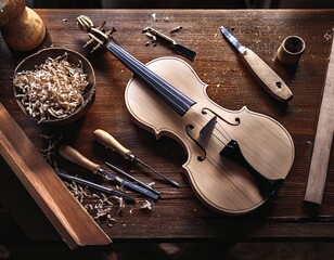 Crafting a Masterpiece: Violin Creation with Artisanal Tools and Wood Shavings on Rustic Workbench