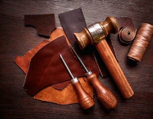 Leather Crafting Essentials: A Collection of Tools and Materials on a Rustic Wooden Surface