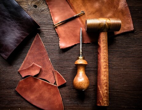 Leatherworking Tools and Scraps on Wooden Background: Crafting Handmade Leather Goods, Artisanal Workshop