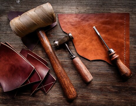 Leather Craftsmanship: Artisan Tools and Materials for Leatherwork on a Rustic Wooden Surface - Powered by Adobe