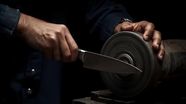 Man carefully hones kitchen knife blade using machine rotary sharpener tool