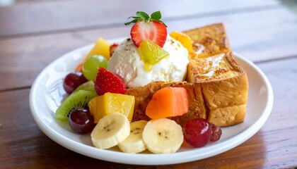 Sweet french toast with ice cream and fruit