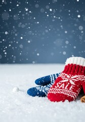 Winter mittens with SALE text on snowy background with snowflakes  