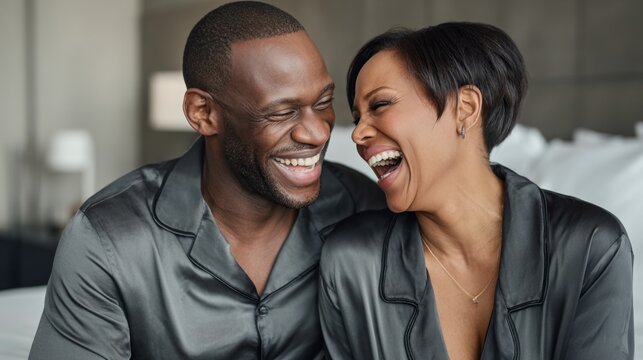 Joyful couple sharing laughter in cozy bedroom during morning