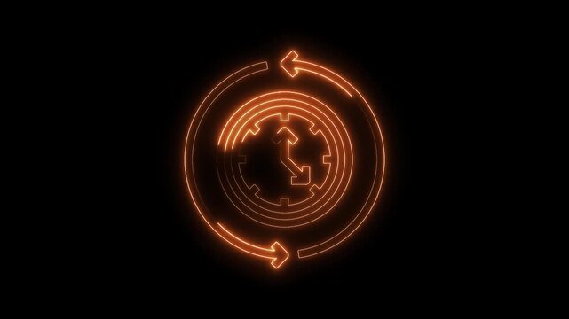Glowing clockwork animation with arrows rotation on black background time loop process