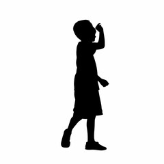 Silhouette of a boy whistling while walking isolated on white background