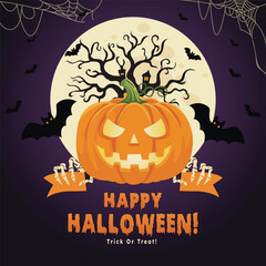Happy Halloween creepy background with pumpkins, bats, and spooky decorations. Ideal for trick or treat celebrations, parties, invitations, greeting cards, posters, and banners.